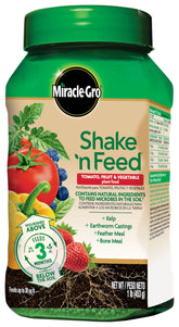 Miracle-Gro Shake 'N Feed tomato and veg plant food bottle shown for long-lasting nourishment.