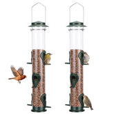MIXXIDEA 2PK metal bird feeders with 6 ports and steel hanger attract multiple birds outdoors.
