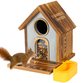 MIXXIDEA wooden squirrel feeder XL capacity ready for nuts, chestnuts, and corn.