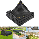 Mklsit garden 70% shade cloth spread over a 10x20 ft area protecting plants and seating