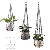 MKO SHUN macrame plant hanger trio on ceiling display saves shelf space.