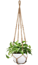 Mkono 43-inch macrame plant hanger cradling a 12-inch pot for chic indoor decor