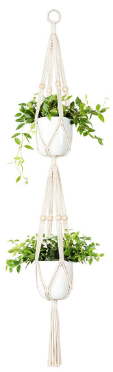 Mkono macrame double plant hanger top view with four-legs design for indoor display