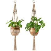 Mkono macrame plant hanger with four legs, 40 inches, brown, adds boho charm to indoors.