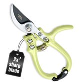 Modern Sprout Hand Pruner chartreuse blade close-up shows rust-resistant carbon steel for precise cuts