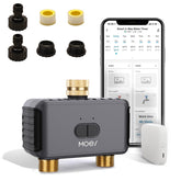 MOES WiFi sprinkler timer with dual brass inlet and outlet for durable outdoor irrigation.