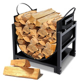 MOFEEZ firewood rack frame keeps logs organized beside the fireplace for easy access.