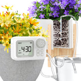 Moistenland digital timer display showing programmable watering schedule