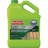 Mold Armor E-Z Deck/Fence/Patio Wash bottle beside a weathered deck ready for cleaning.
