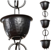 Monarch Rain Chains aluminum hammered cups closeup demonstrates durable gutter decor and smooth water flow.