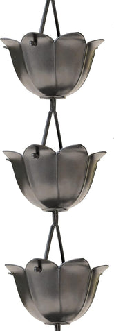 Monarch Rain Chains aluminum lotus cups pewter finish for stylish gutter decor and water flow.