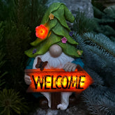 Mood Lab Garden Gnome with Welcome Sign greets guests outdoors