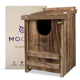 Moonity Fire-Treated Cedar Owl House front view shows durable weatherproof construction.