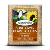Morning Song sunflower hearts chips bag closeup showing premium shell-free seed for clean feeding.
