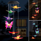 MorTime 25in LED solar wind chime with butterfly design for outdoor ambiance.