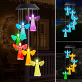 MorTime 28-inch LED solar wind chime glows with six angel lights outdoors.