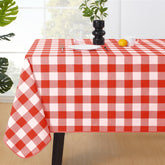 MOSAYT buffalo gingham tablecloth close-up edge and stitching for outdoor durability.