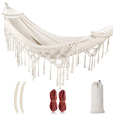 MOSFiATA backyard hammock tassels: stylish outdoor relaxation in white.