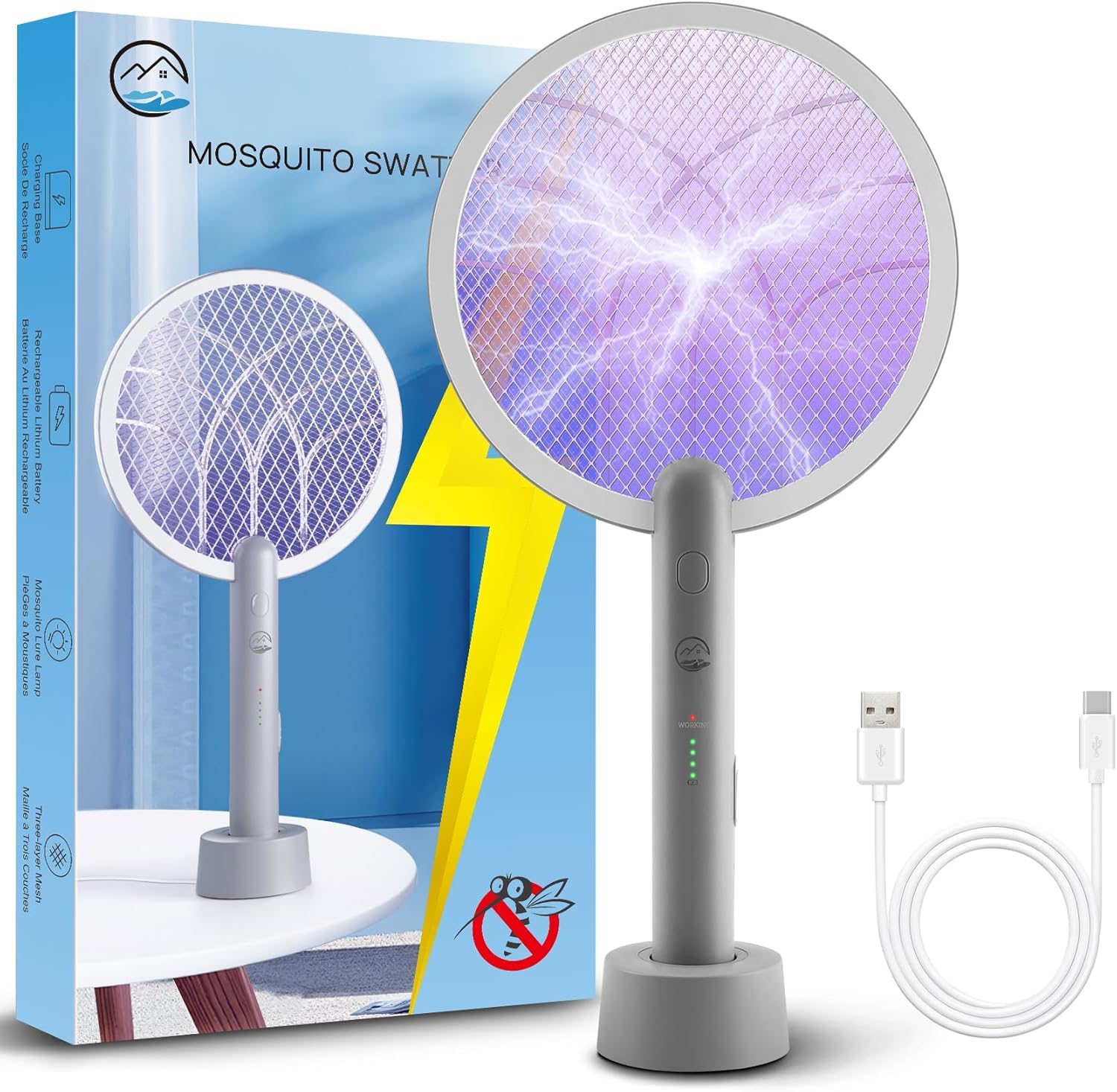 Mosiller 2-in-1 bug zapper racket for quick indoor and outdoor pest control.