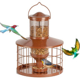 Mosloly caged bird feeder front view, durable metal construction for steady seed feeding.