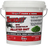 Motomco Tomcat Bromethalin Pellets packaging on farm shelf for quick rodent control.