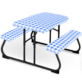 Moukeren picnic table cover blue and white set protects surfaces from spills and scratches.