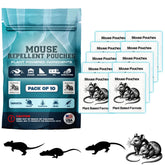 Mouse Repellent Pouches 10-pack packaging, resealable for easy setup and long-lasting deterrence.