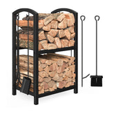 Mr IRONSTONE firewood rack front view with tools beside the hearth.