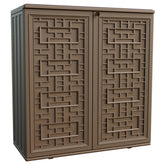 Mrosaa outdoor storage cabinet with closed doors protects tools from rain.