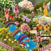 MTWENWENZY 114-piece fairy garden kit with colorful miniatures for outdoor display.