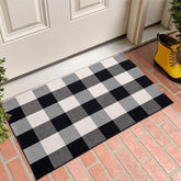 MUBIN cotton buffalo plaid rug at the front door showing soft texture and clean lines.