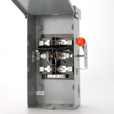 MUJURUR 100A transfer switch front view with lever for smooth power transfer.