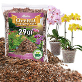 Mulctun Orchid Bark Potting Mix bag closeup with pine bark and perlite for drainage.