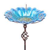 MUMTOP glass bird bath with blue flower pattern attracts birds to bathe in gardens.