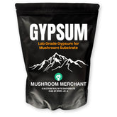 Mushroom Merchant gypsum powder in lab-grade packaging for mushrooms and substrates.