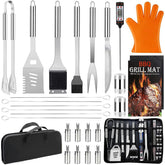 MUYFIO 28-piece BBQ set overview shows complete stainless steel toolkit for outdoor grilling.