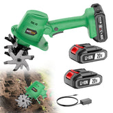 Muylux 20V cordless tiller with battery pack powering quick soil preparation.