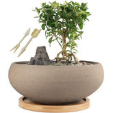 MUZHI round unglazed bonsai pot with bamboo tray for elegant indoor displays.