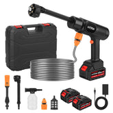 MYPIN portable cordless pressure washer with 600 PSI and dual batteries for efficient car cleaning.