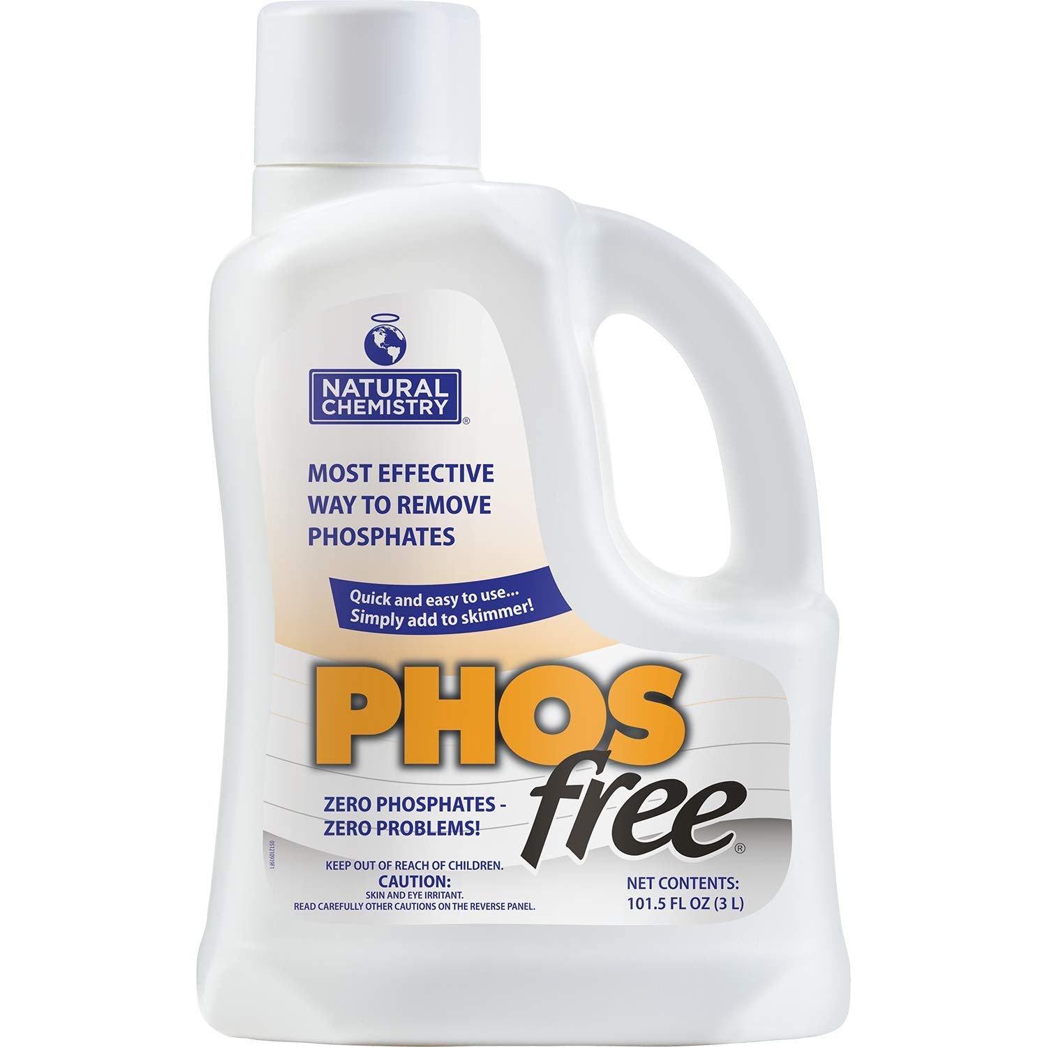 Natural Chemistry Phosfree 3L bottle pouring to reduce phosphates for clearer pool water.