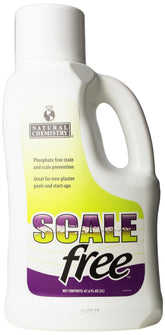 Natural Chemistry SCALEfree bottle being poured to prevent mineral scale buildup in new plaster pools