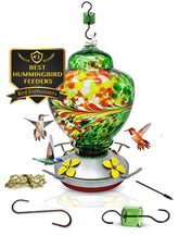 Nature Gear hummingbird feeder emerald green hand-blown glass attracts colorful hummingbirds to your garden