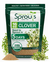 Nature Jims Sprouts Clover Seeds in a resealable bag for extended freshness.