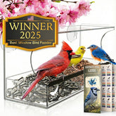 Nature’s Hangout window bird feeder with clear acrylic for close indoor viewing.