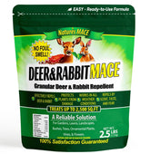 Nature's MACE deer rabbit granules bottle close-up showing long-lasting garden protection