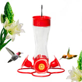 Nature's Rhythm hummingbird feeder with glass bottle and four red ports for nectar access.
