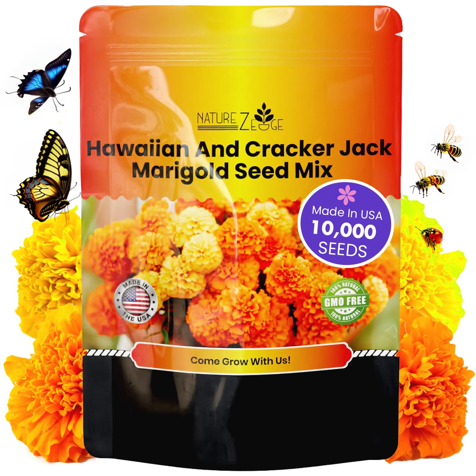 NatureZ Edge Cracker Jack marigold seeds for outdoor planting with bold blooms and pollinator-friendly benefits.
