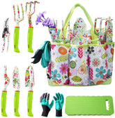 NAYE Garden Tool Set tote bag with floral print keeps tools organized during gardening.