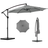 NEWBULIG 10ft offset umbrella with base included provides steady shade over outdoor seating.