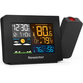 Newentor Atomic Projection Clock displays time on the bedroom wall for quick viewing.